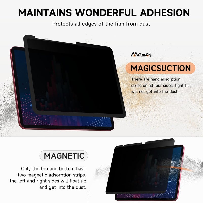 Mamol Upgrade 360° Privacy Screen Protector for Apple iPad Pro 11 inch 5th M4 2024/ 6th M5 2025, Magicsuction 4-Way Anti Spy Glare Blue Light Filter, High Sensitive/Bubble Free/Reusable - Image 5